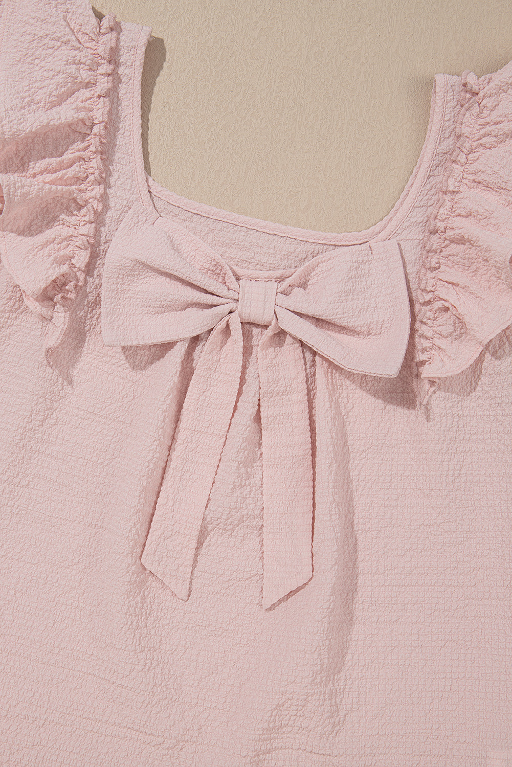 Beau Blue Textured Bow Knot Frilled Butterfly Sleeve Blouse