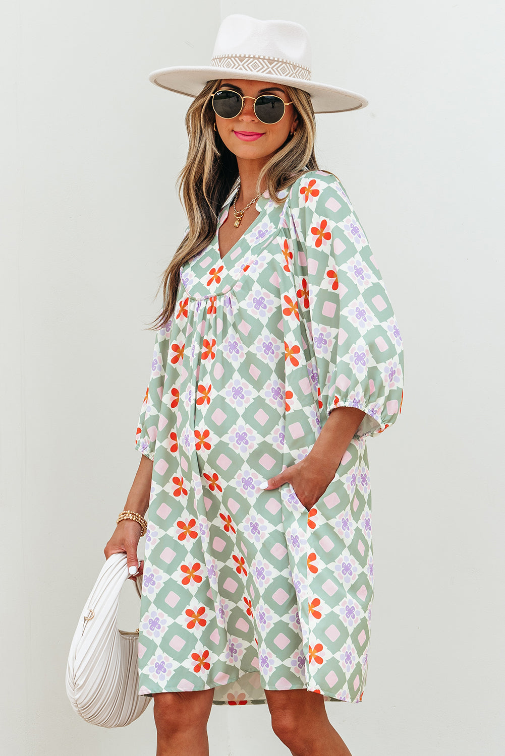Green Geometric Floral Print Layered Flutter Sleeve V Neck Ric Rac Trim Blouse