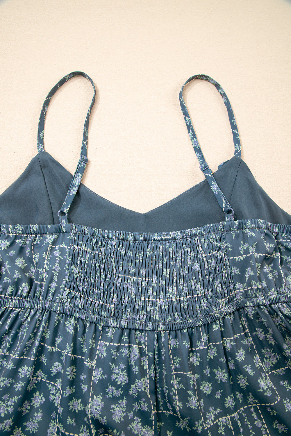 Blue Spaghetti Straps Floral Print Knot Detail High Waist Flared Dress