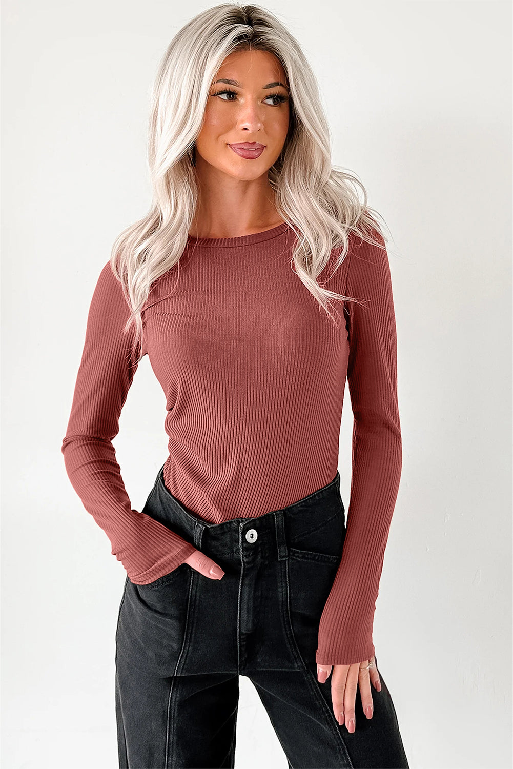 White Ribbed Long Sleeve Crew Neck Solid Color Bodysuit