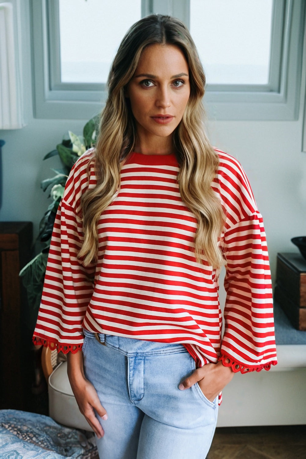 Racing Red Striped Print Drop Shoulder Lace Trim Bracelet Sleeve Loose Top