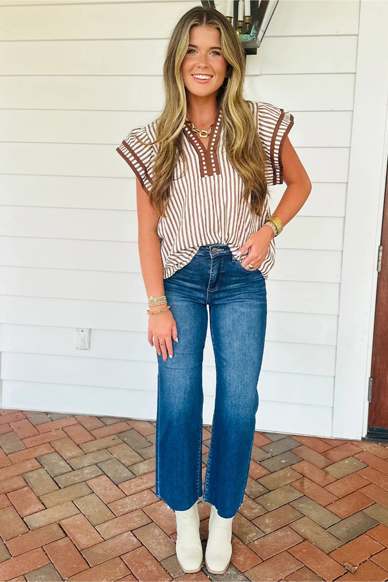 Brown Stripe Double Ruffled Short Sleeve Contrast Trim V Neck Midi Dress