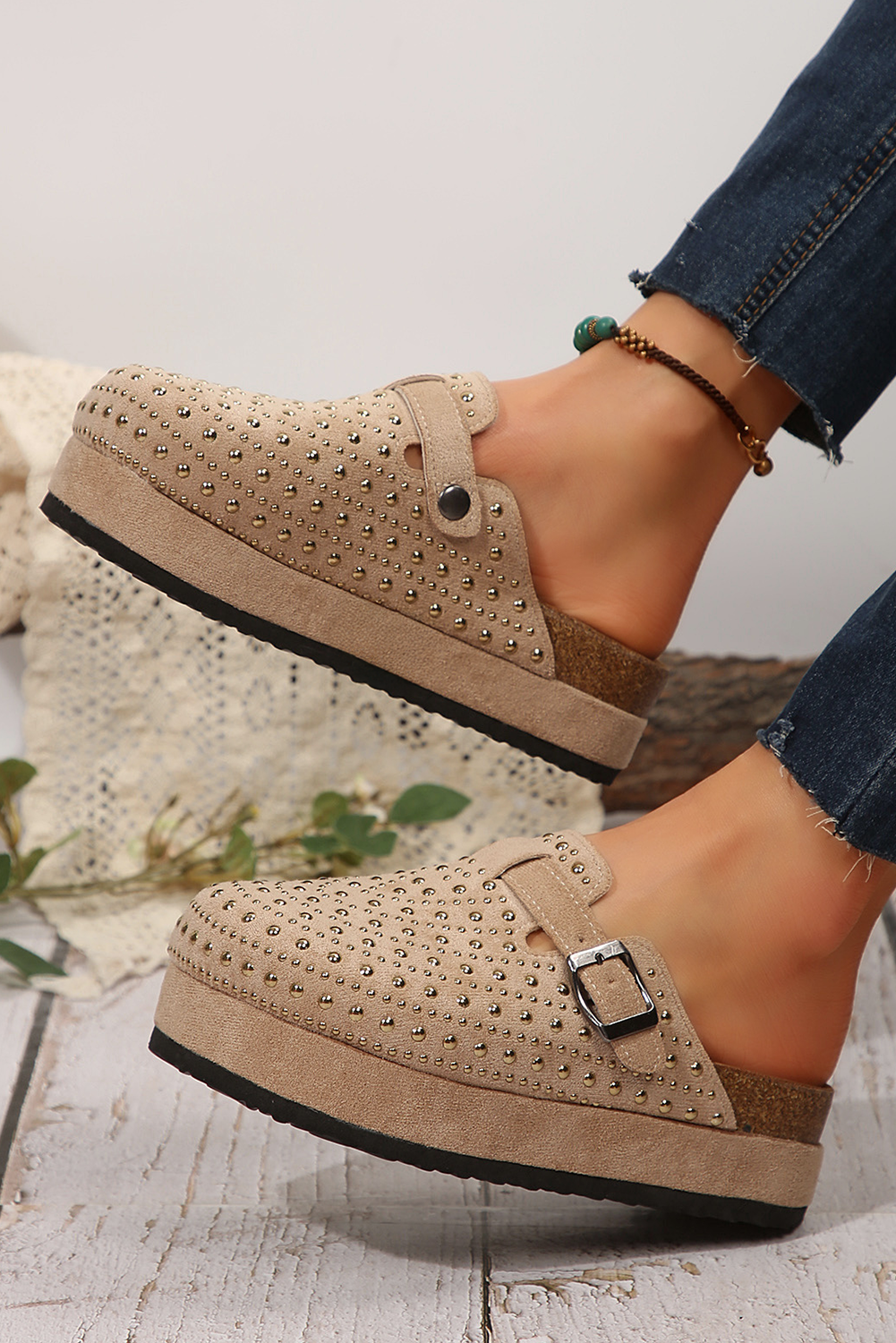Parchment Rivet Buckle Closed Toe Platform Slippers