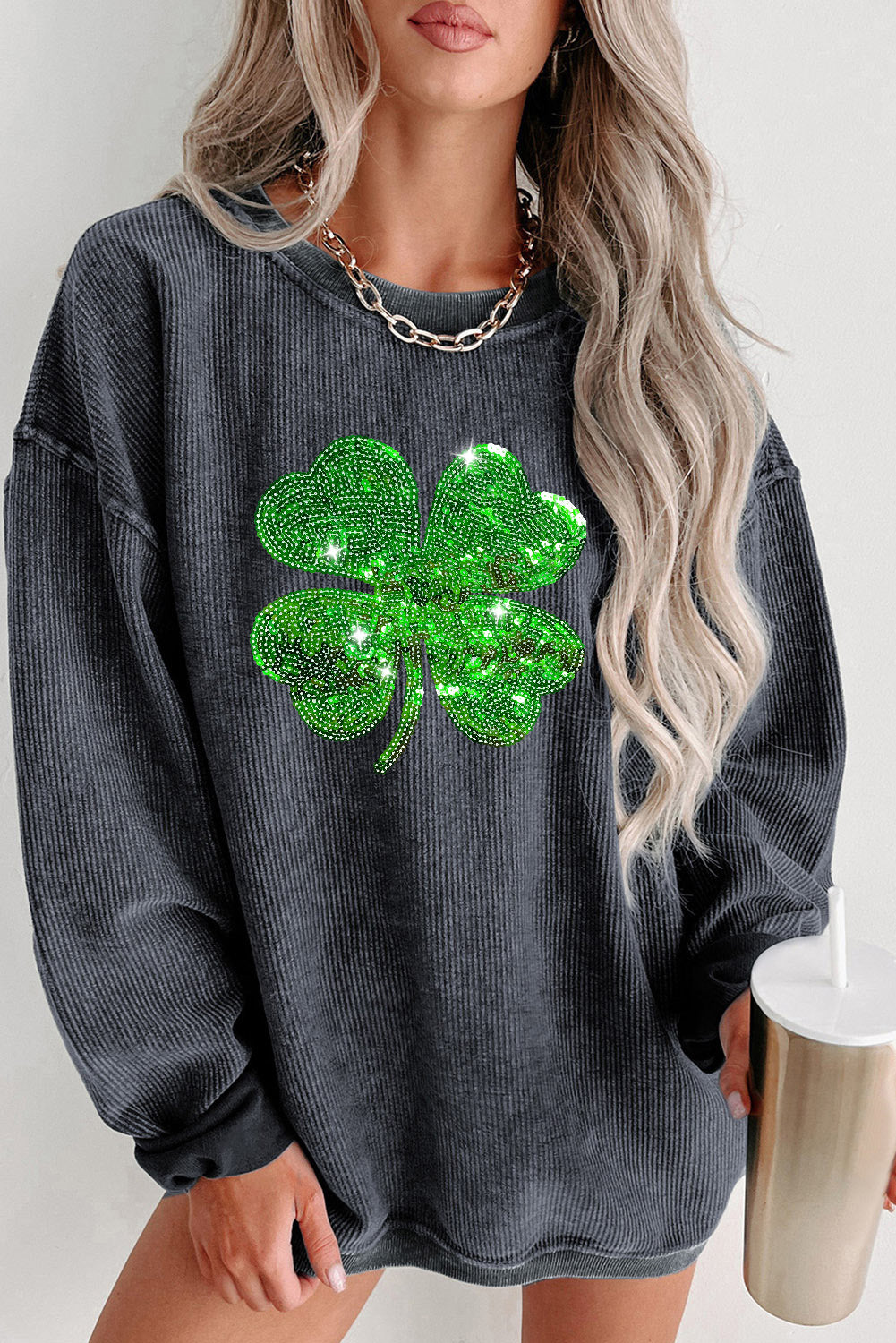 Green Sequin St Patrick Disco Ball Patch Corded Sweatshirt