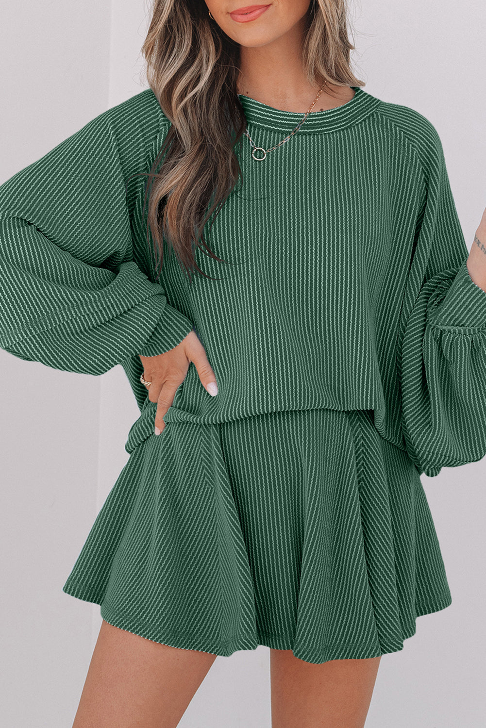 Jet Stream Corded Lantern Sleeve Top High Waist Ruffled Mini Skort Set