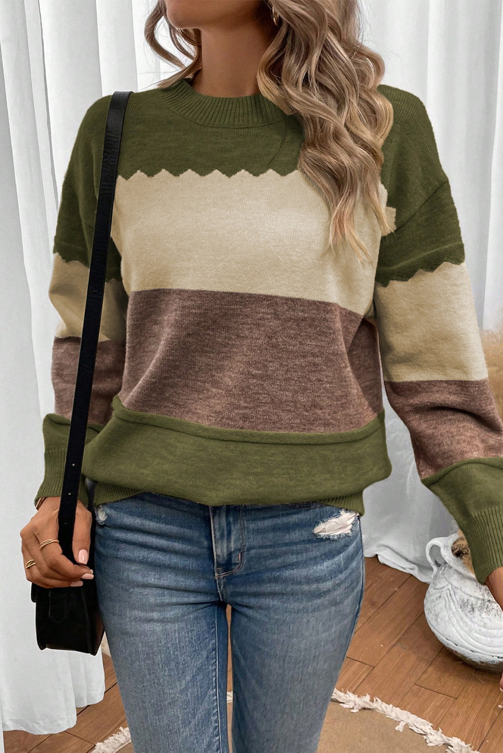 Black Colorblock Crew Neck Drop Shoulder Sweater