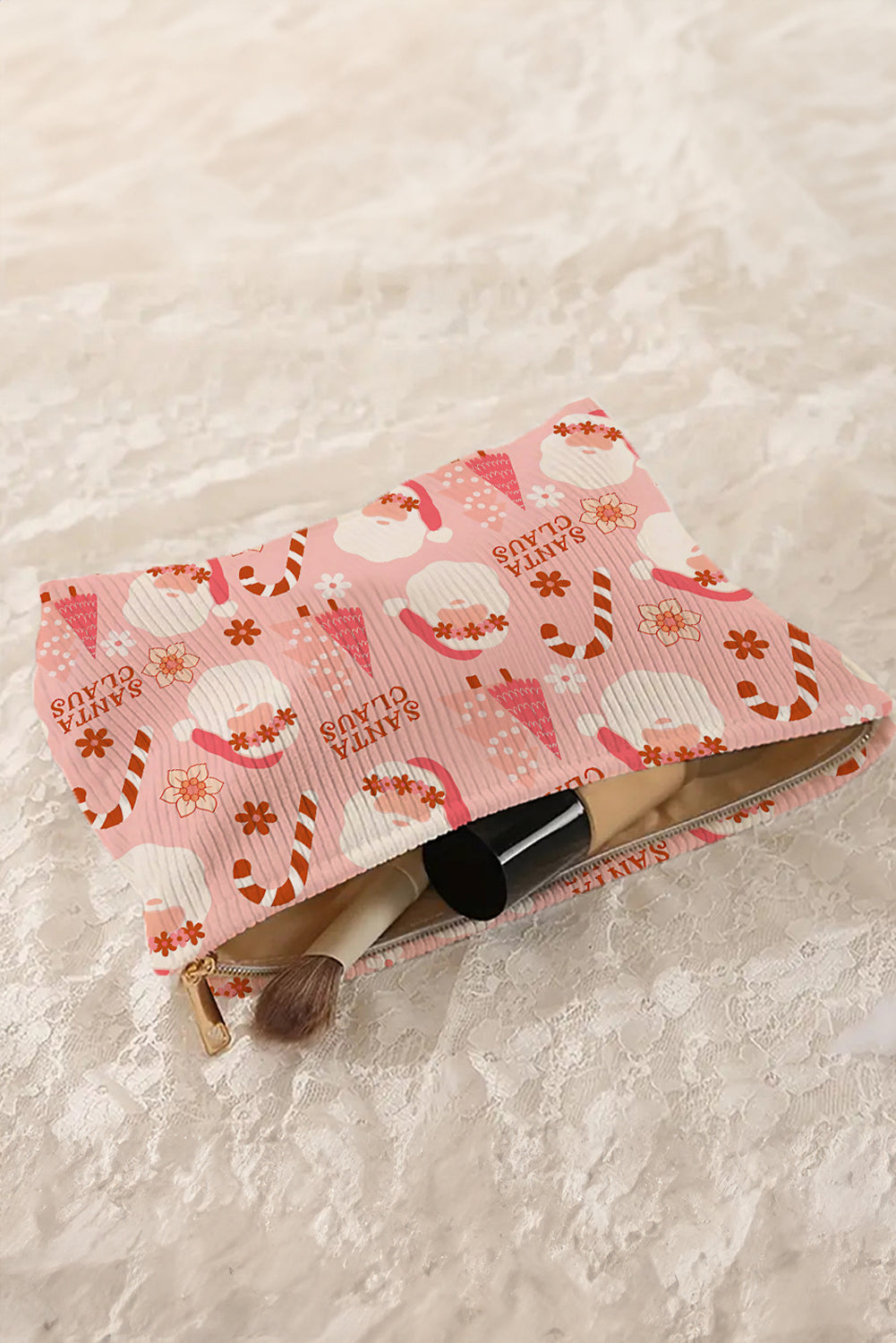 White Christmas Fashion Print Corduroy Zip Up Cosmetic Bag