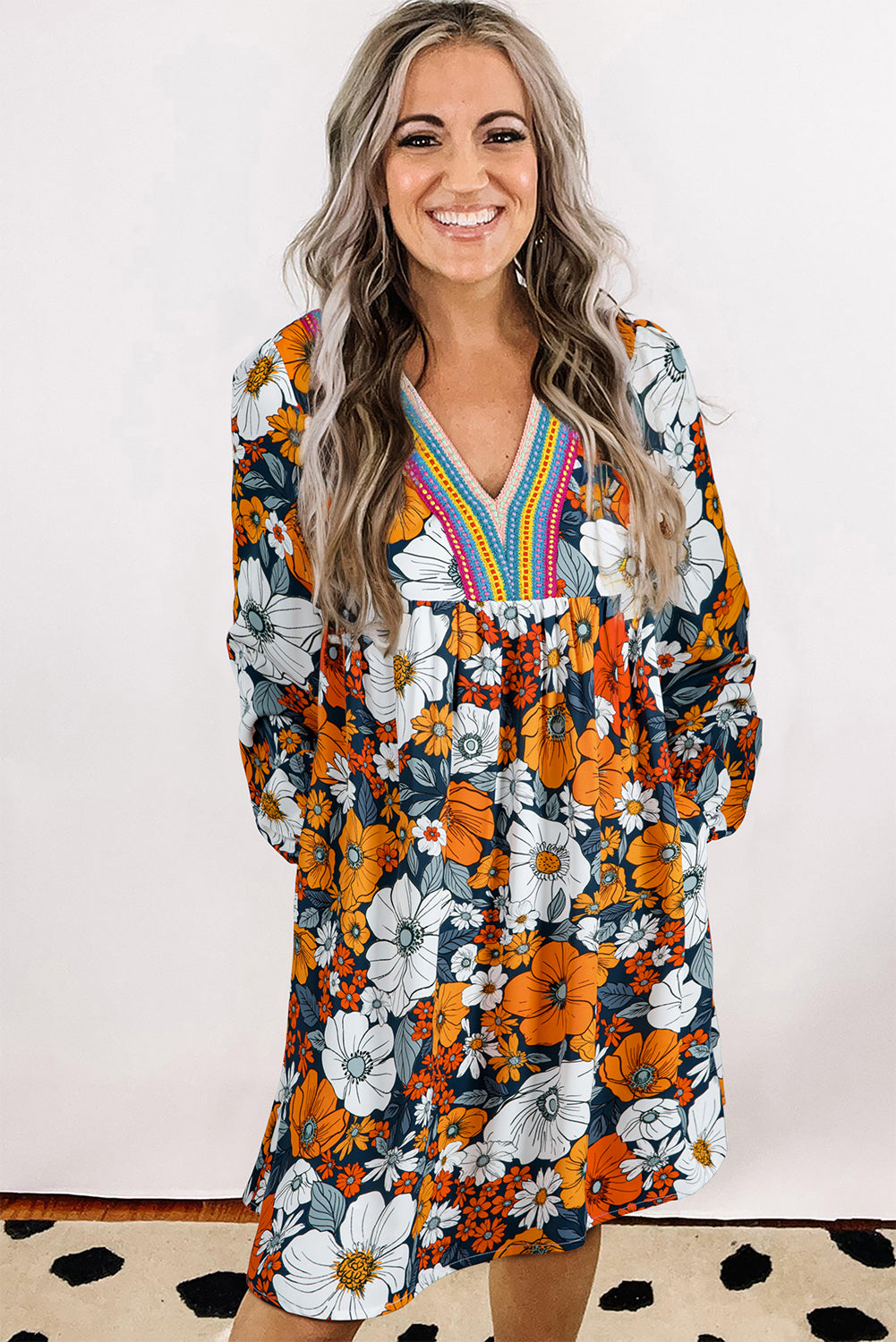 Multicolour Crochet V Neck Half Sleeve Boho Floral Blouse