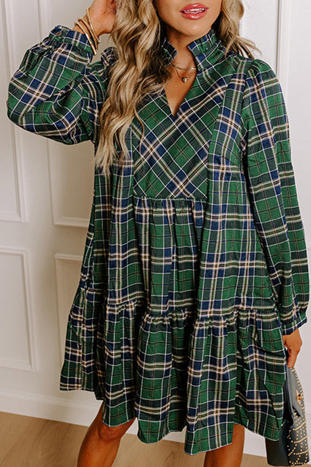 Green Plus Size Plaid Long Sleeve Notched Neck Shift Mini Dress