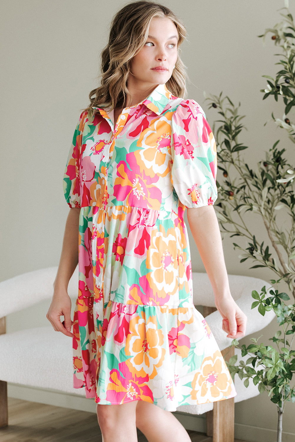Green Floral Puff Sleeve Collar Buttoned Babydoll Dress