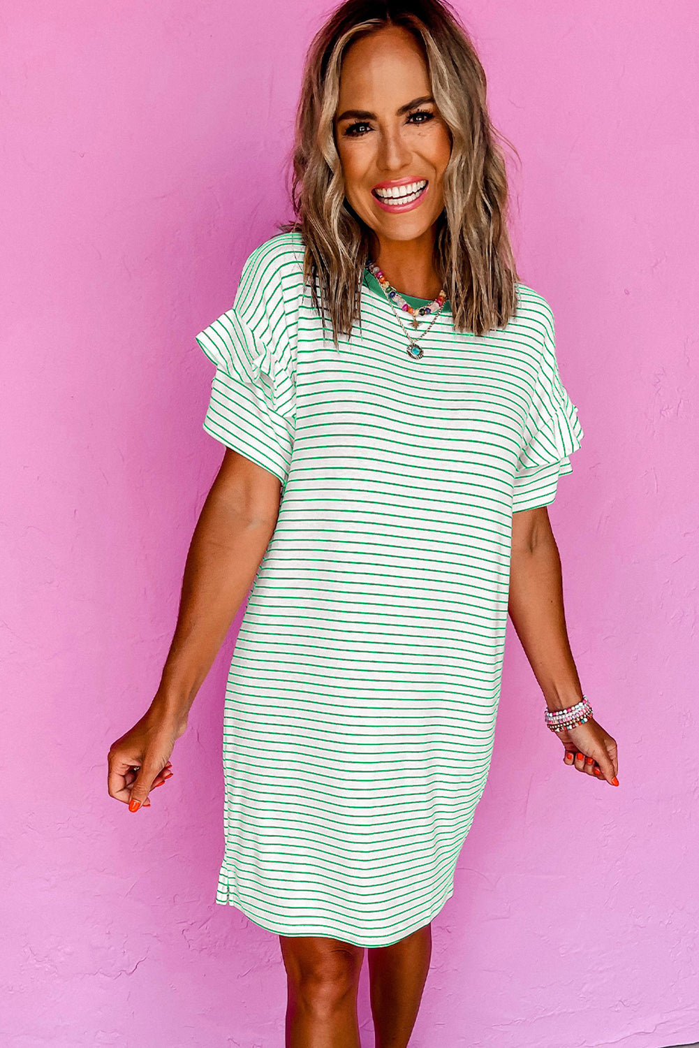 Black Stripe Ruffled Short Sleeve Crew Neck T Shirt Shift Mini Dress