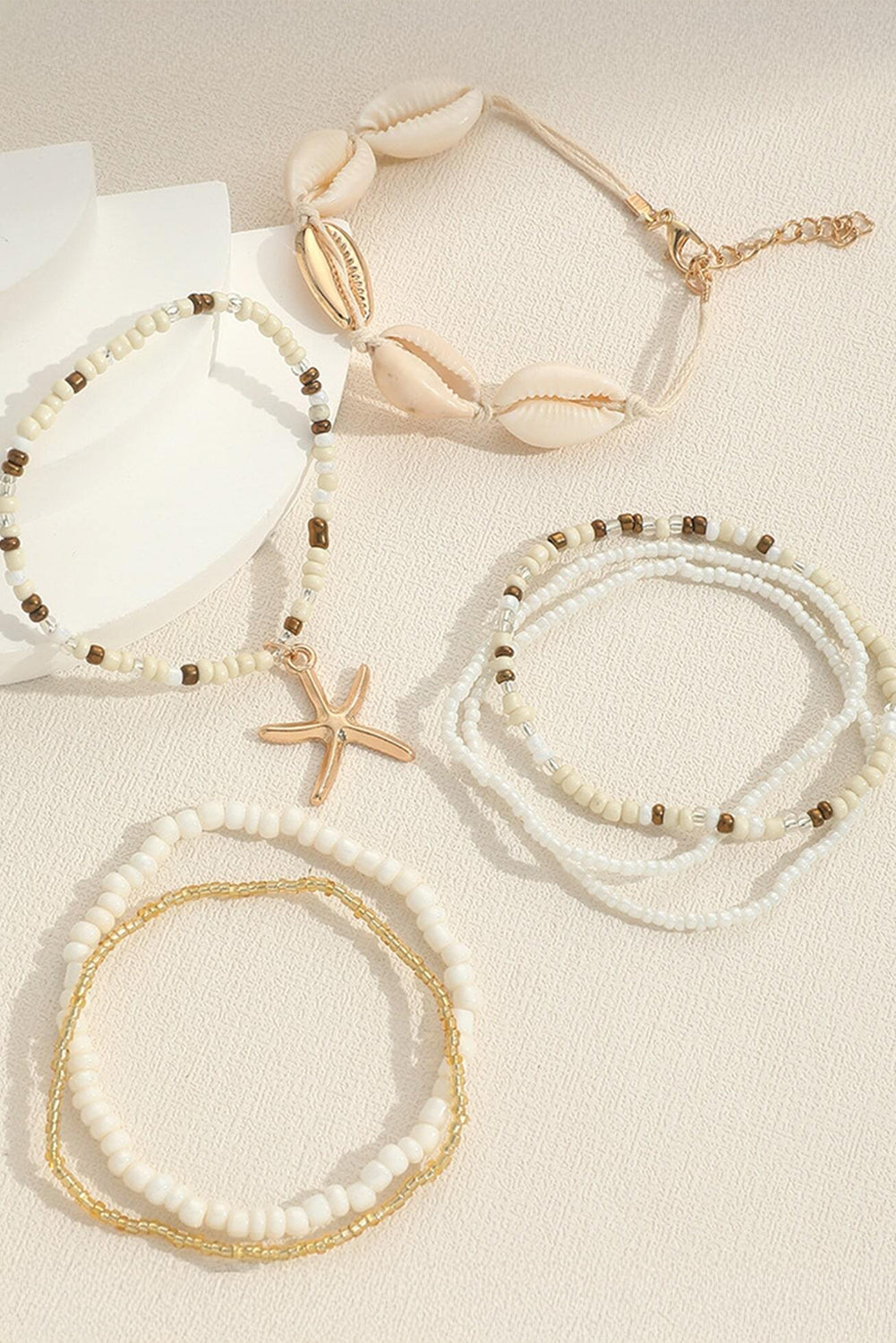 White Starfish Shell Decor Multi Layer Beaded Bracelet Set