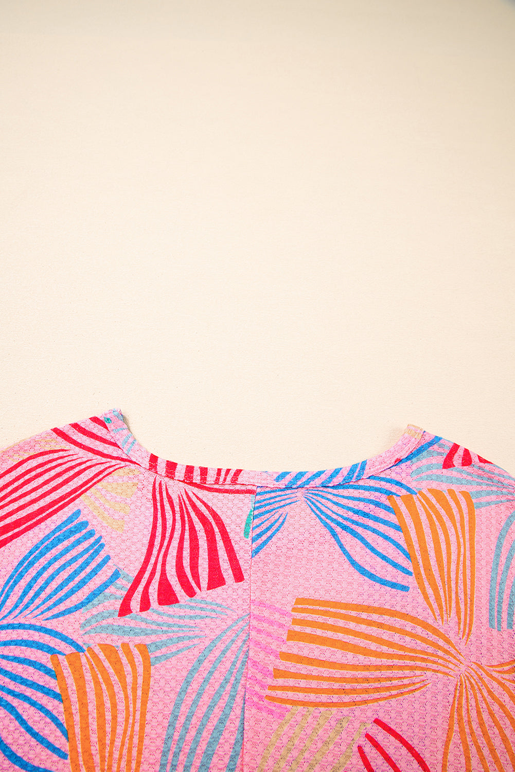 Multicolour Bowknot Printed Waffle Crewneck Loose Short Sleeve Top