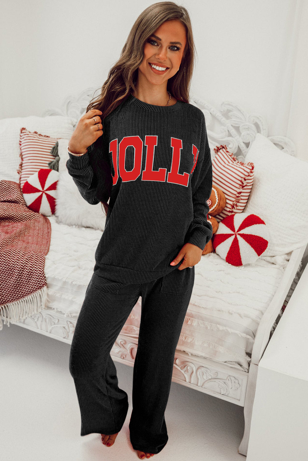 Black MERRY Corded Long Sleeve Top and Pockets Pants Set