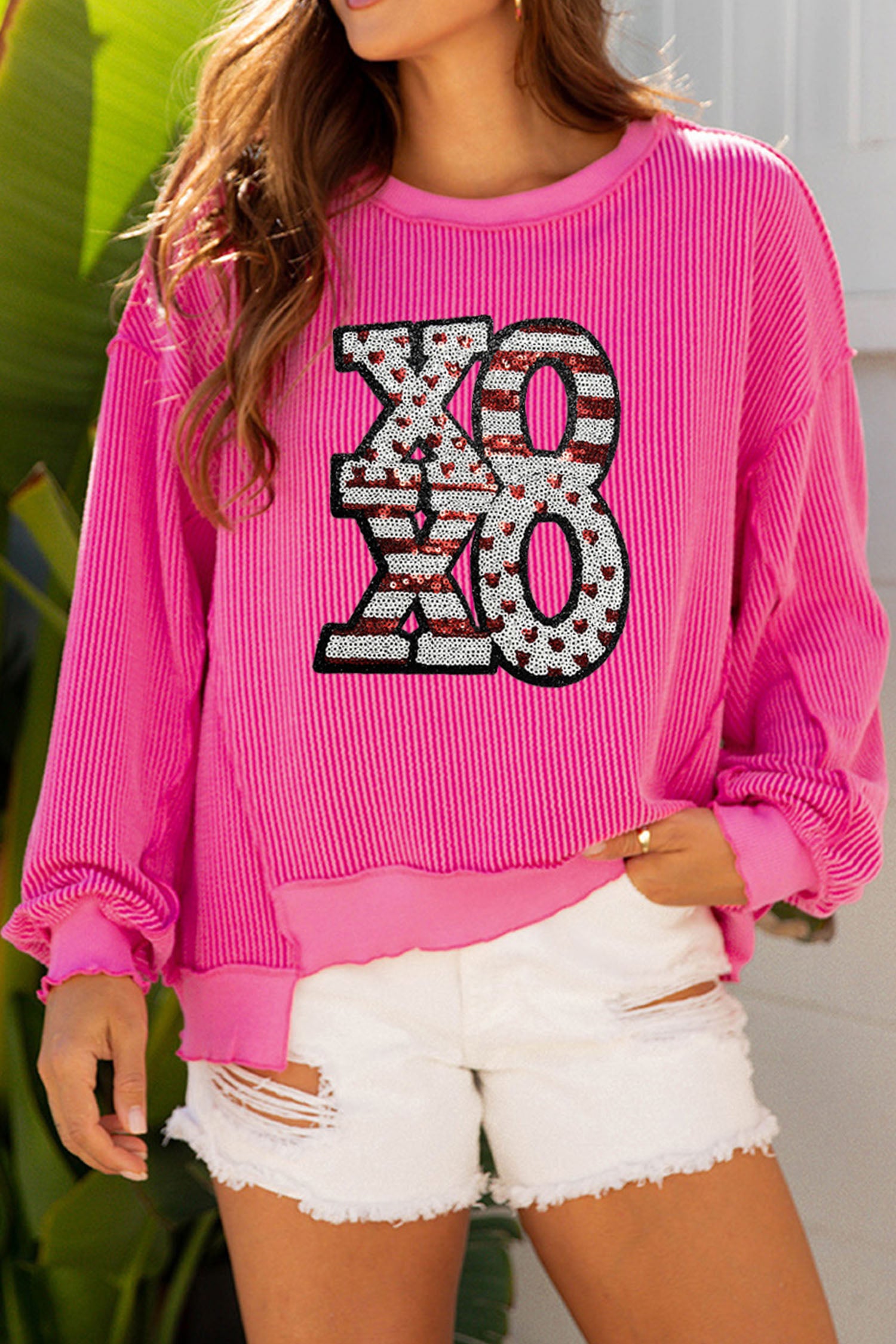 Strawberry Pink Twisted Ribbed Color Block Patchwork Sequin XOXO Letter Graphic Pullover Top