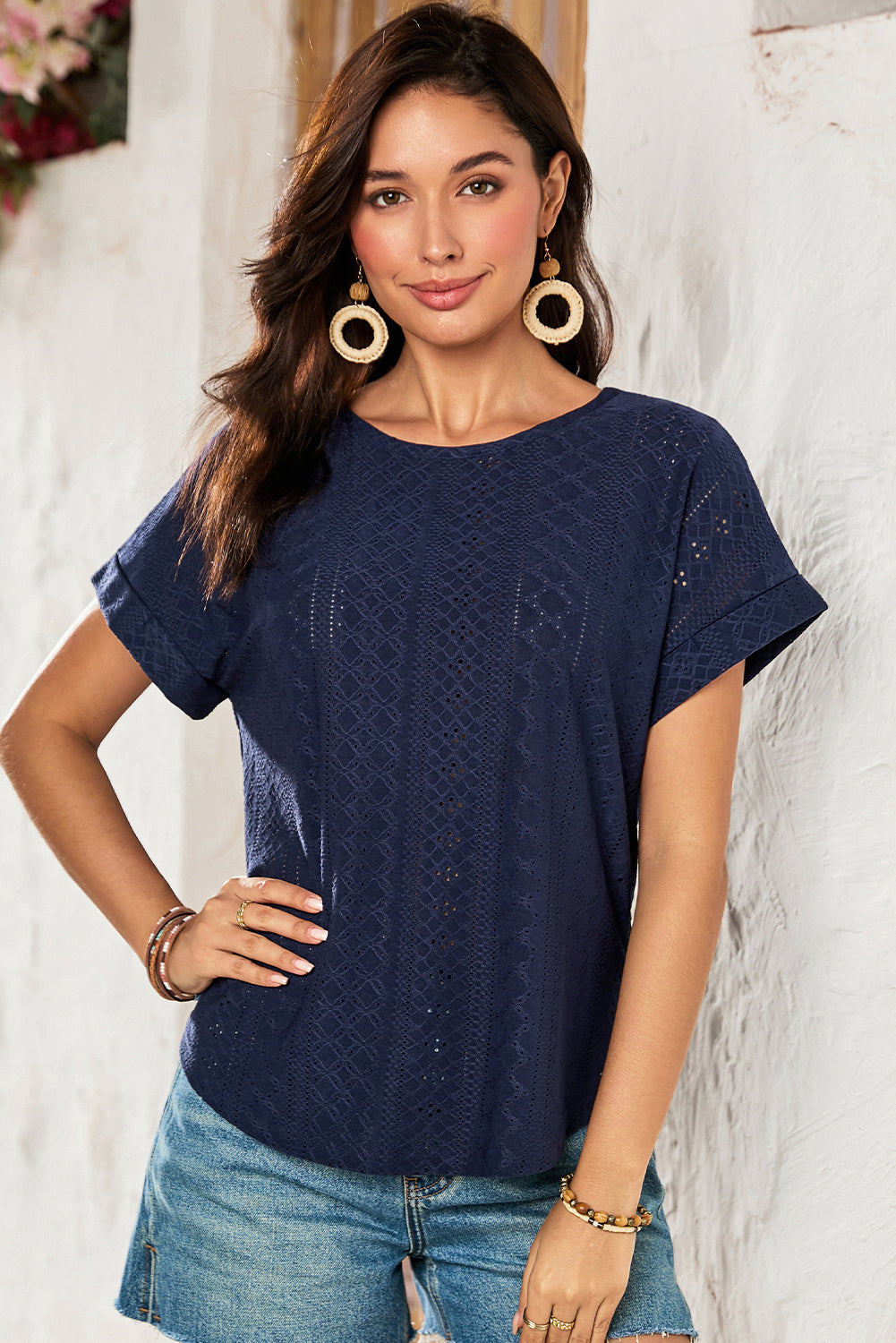 White Solid Color Eyelet Jacquard Cuffed Short Sleeve Top