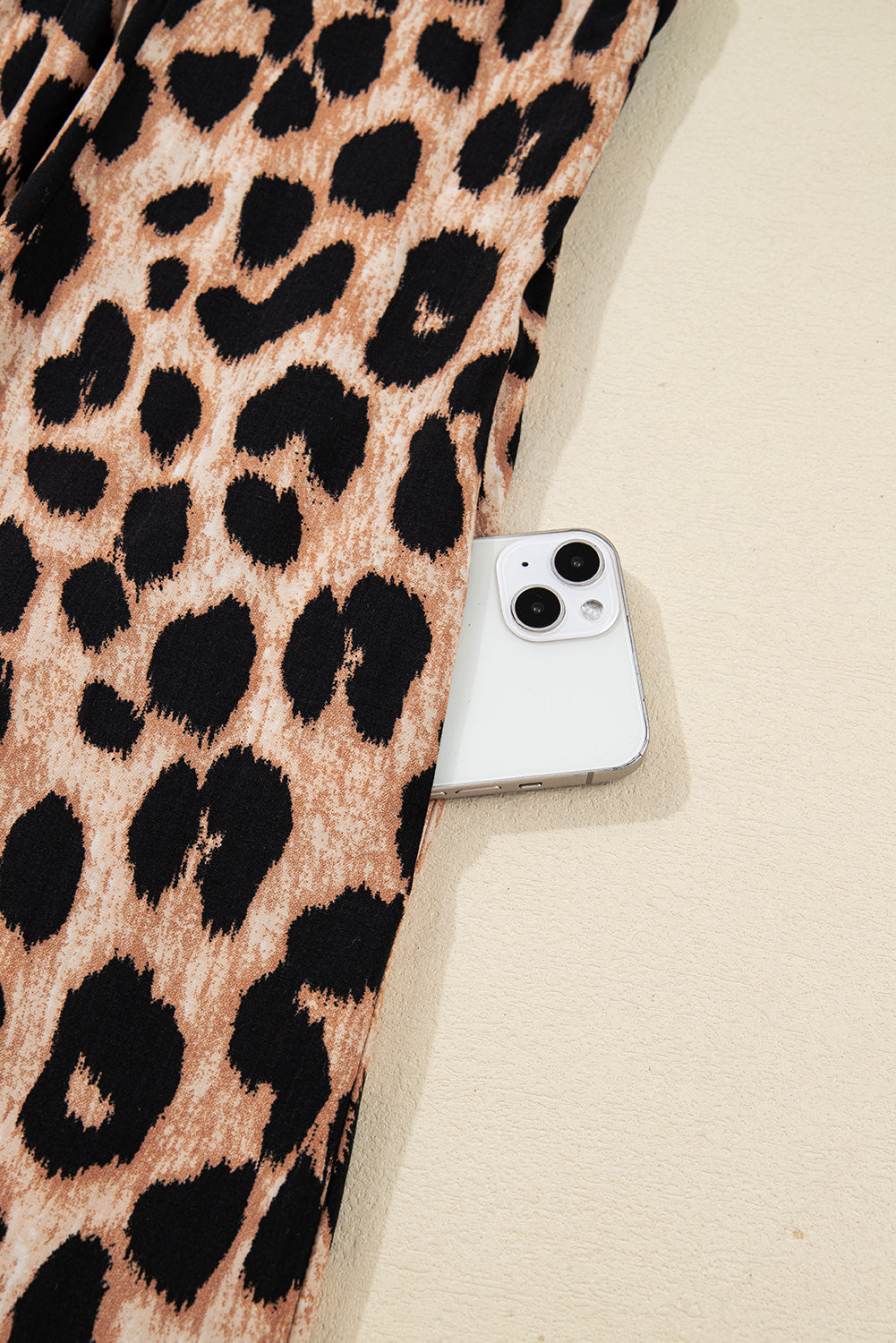 Four Leaf Clover Collared V Neck Smocked Detail Contrast Leopard Trim Bracelet Sleeve Long Dress