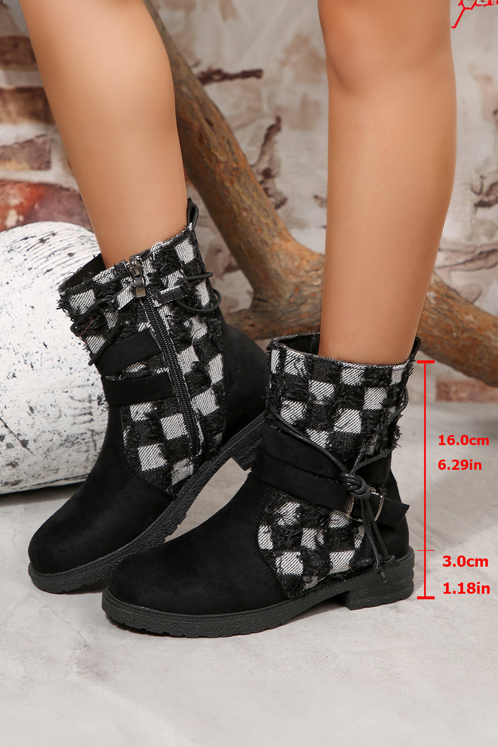 Black Faux Suede Frayed Checkered Patchwork Side Zip Boots