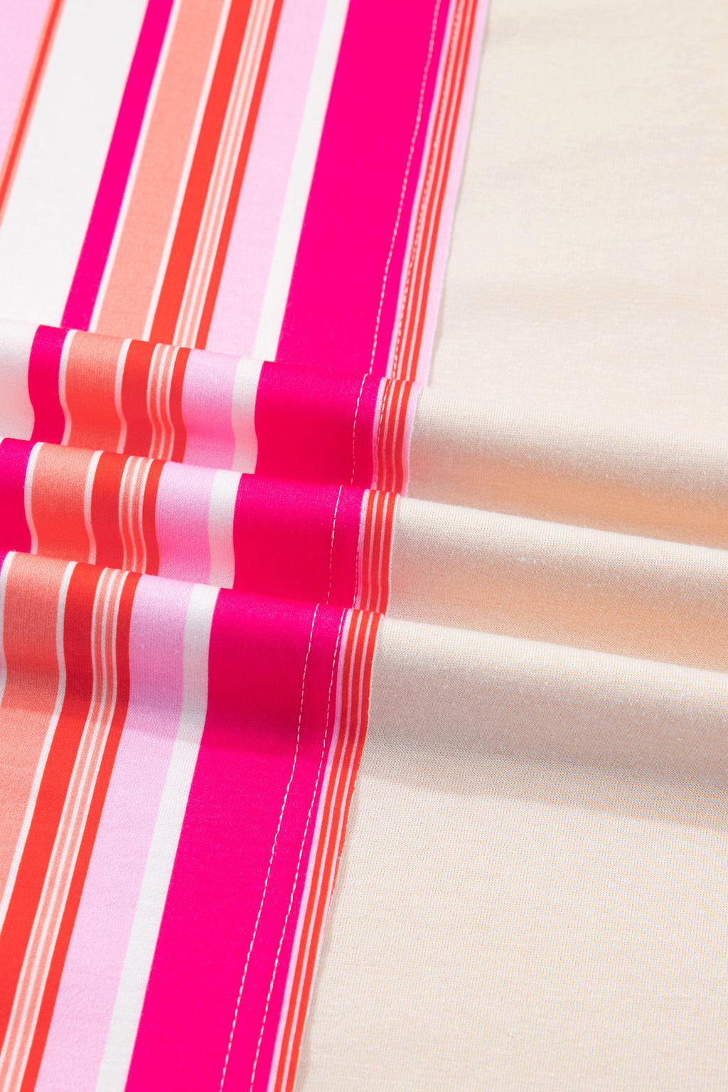 Pink Striped Color Block Flower Patched Half Sleeve Loose Top