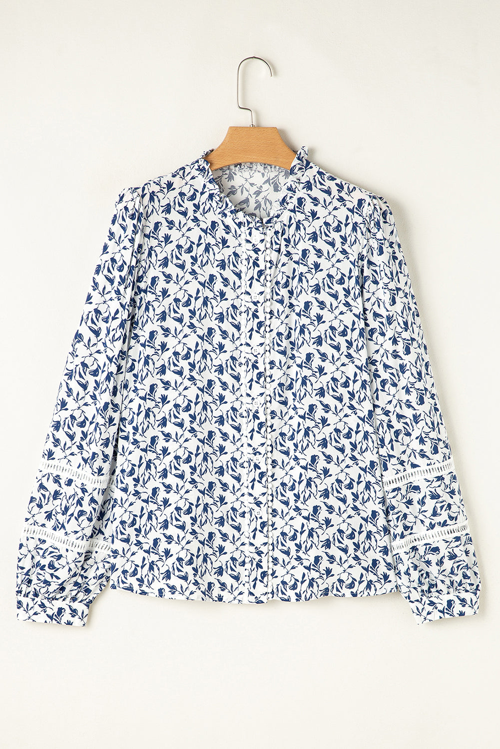 Green Printed Lace Detail Floral Puff Sleeve Fall Shirt