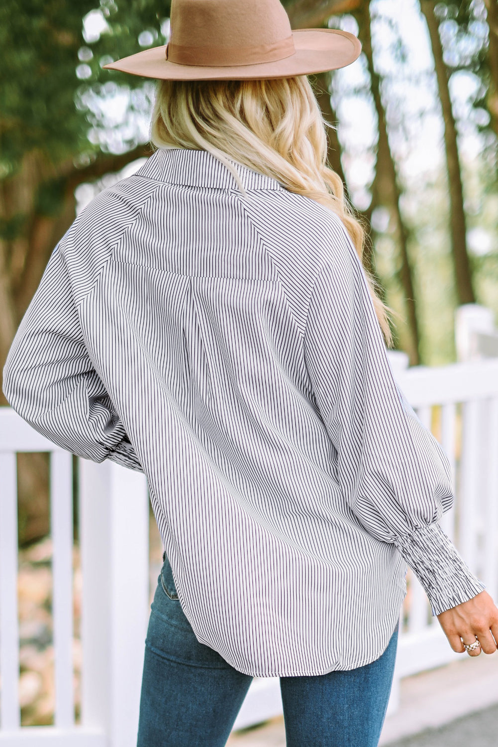 Red Stripe Smocked Cuffed Striped Boyfriend Shirt with Pocket