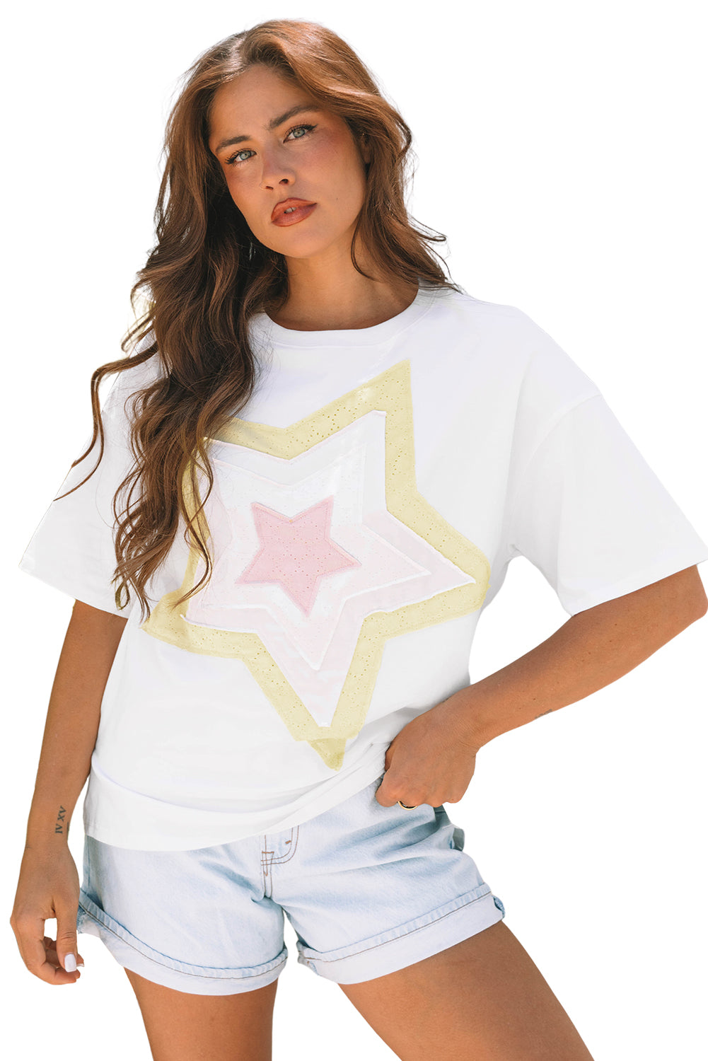 Light Pink Eyelet Lace Star Applique Plus Size T Shirt