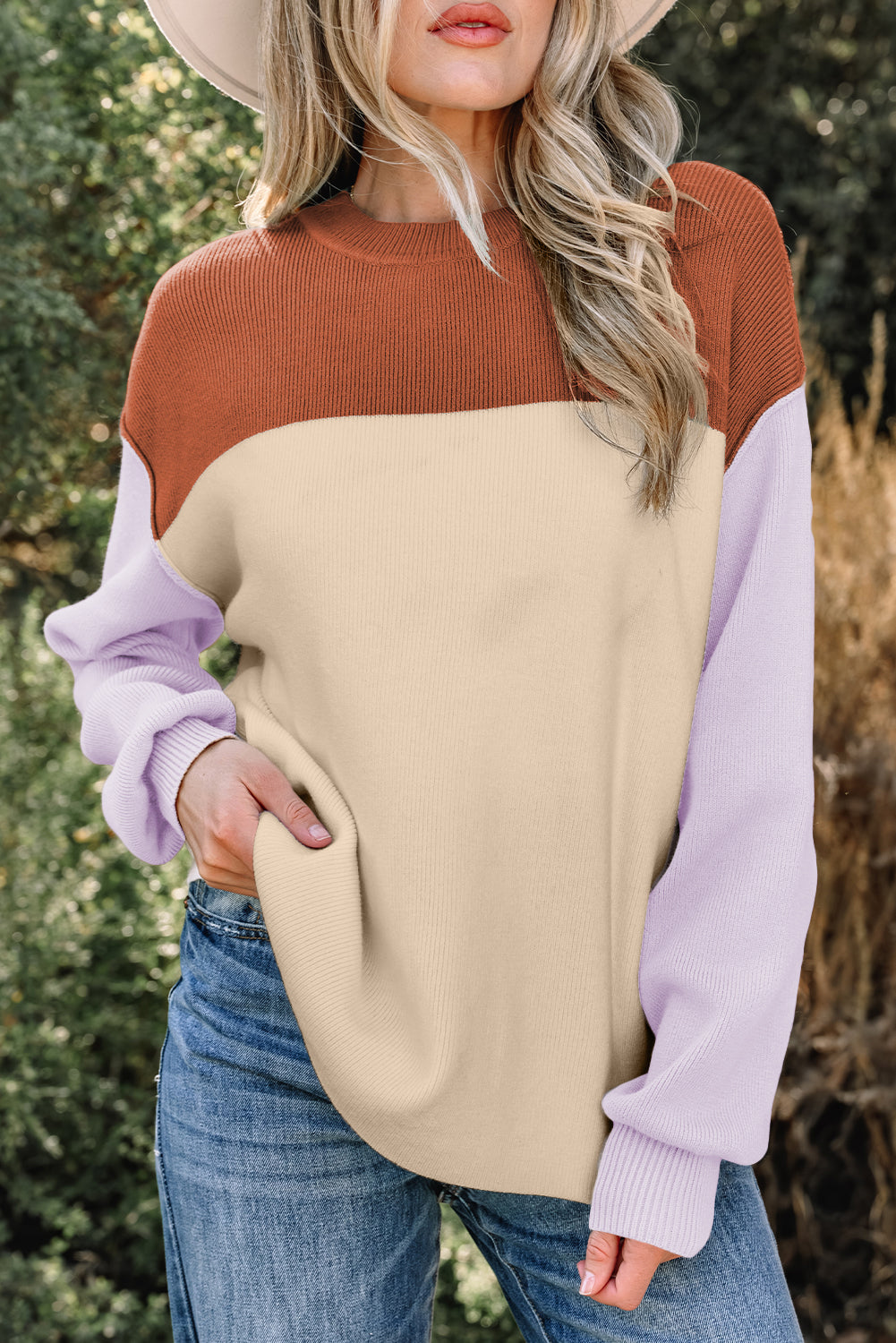Green Color Block Plain Ribbed Knit Baggy Sweater