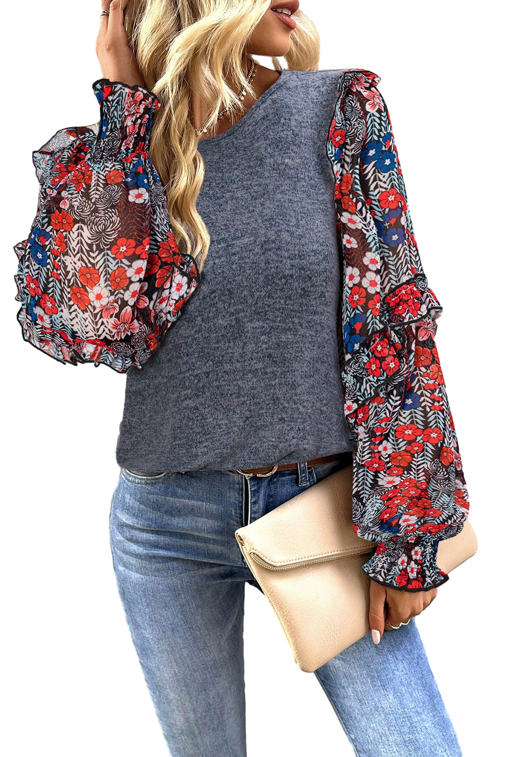 Blue Pale Chestnut Ruffle Tiered Floral Sleeve Crew Neck Blouse
