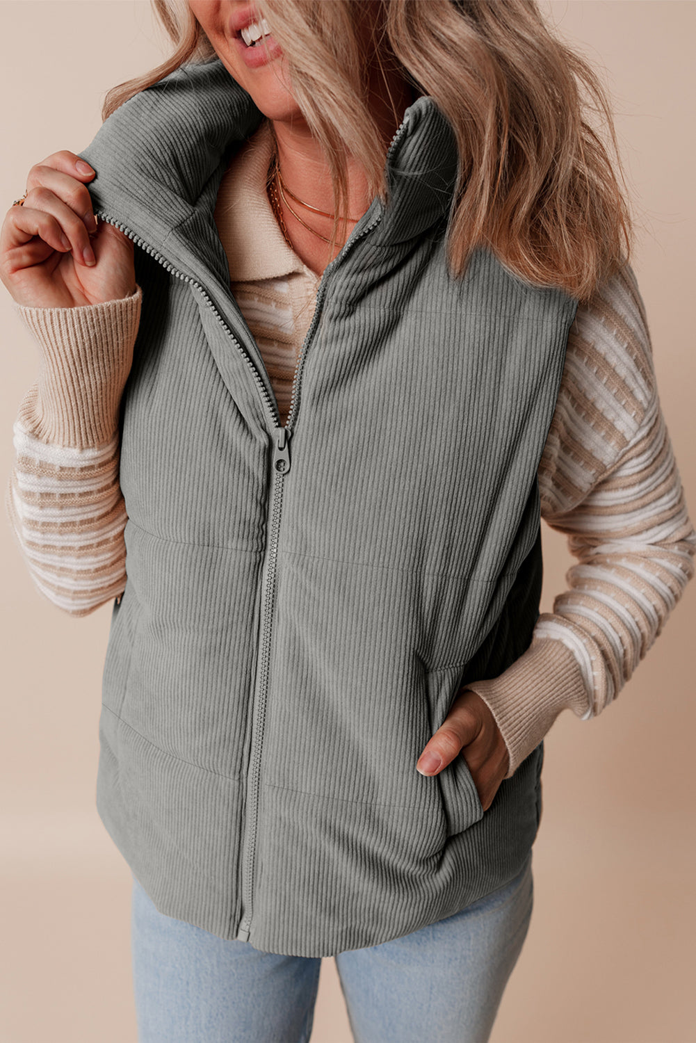 Beige Corduroy Stand Neck Zipped Puffer Vest