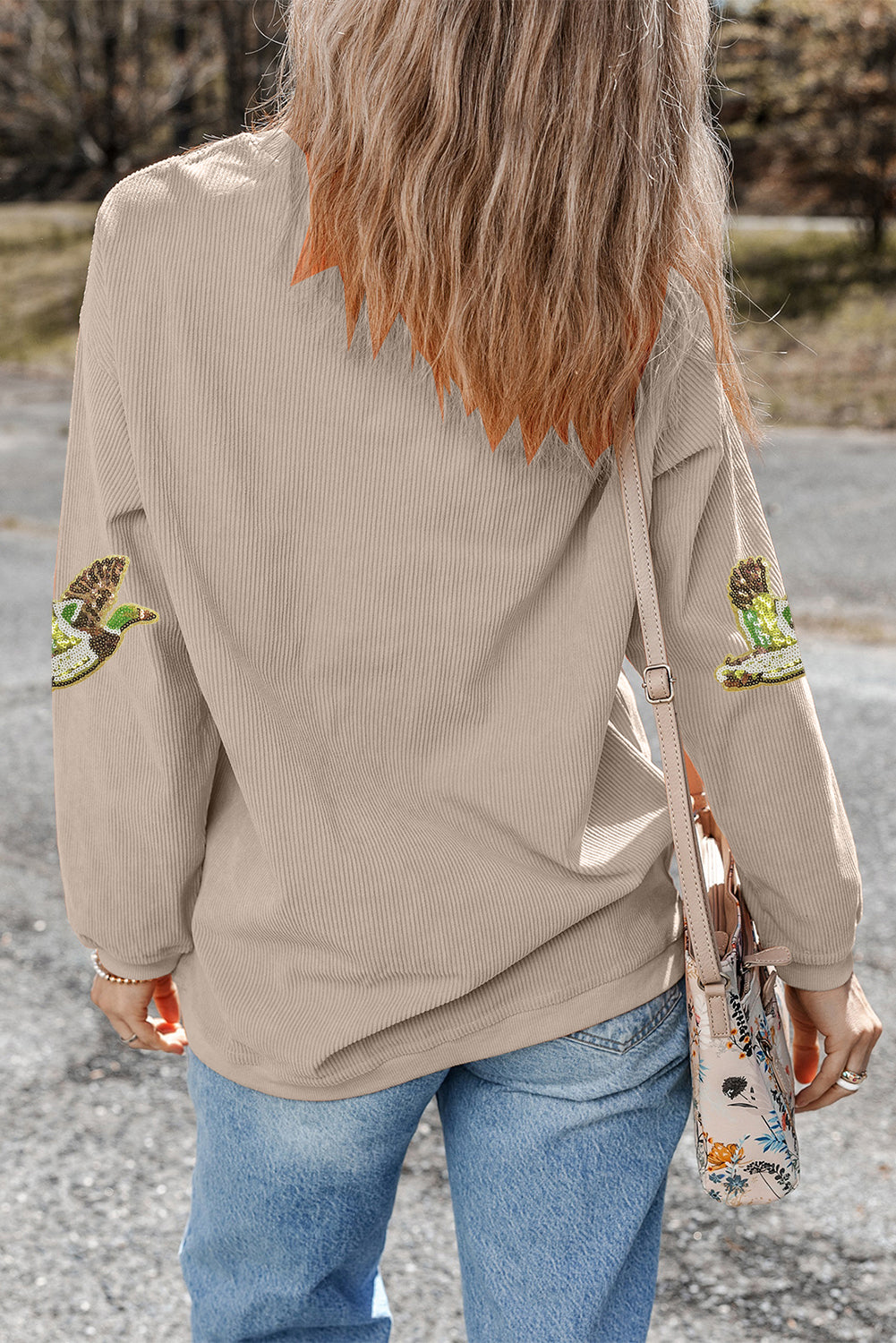 Smoke Gray Sequined Bird Pattern Corded Thanksgiving Sweatshirt