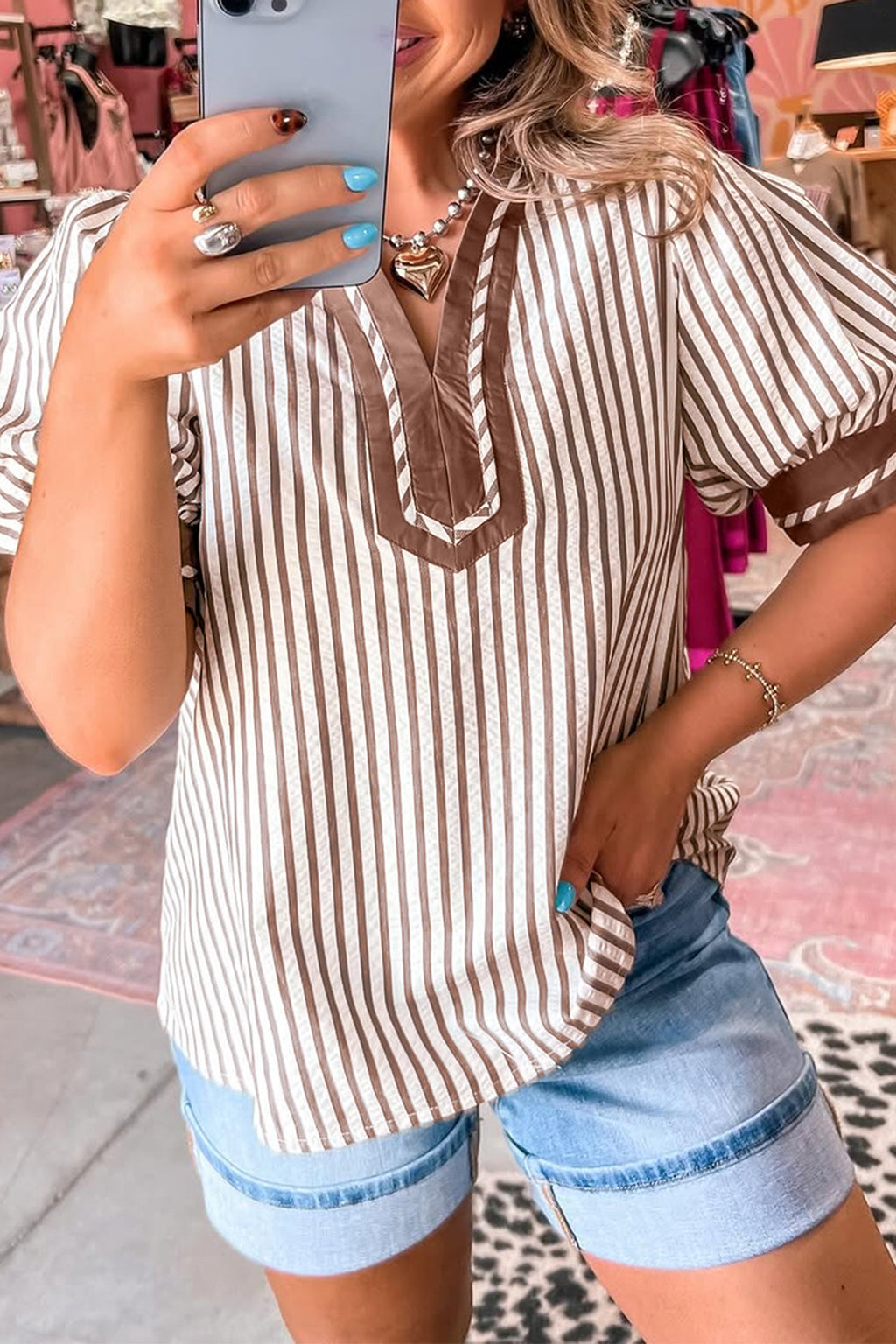 Black Stripe Collared Split Neck Short Bubble Sleeve Blouse