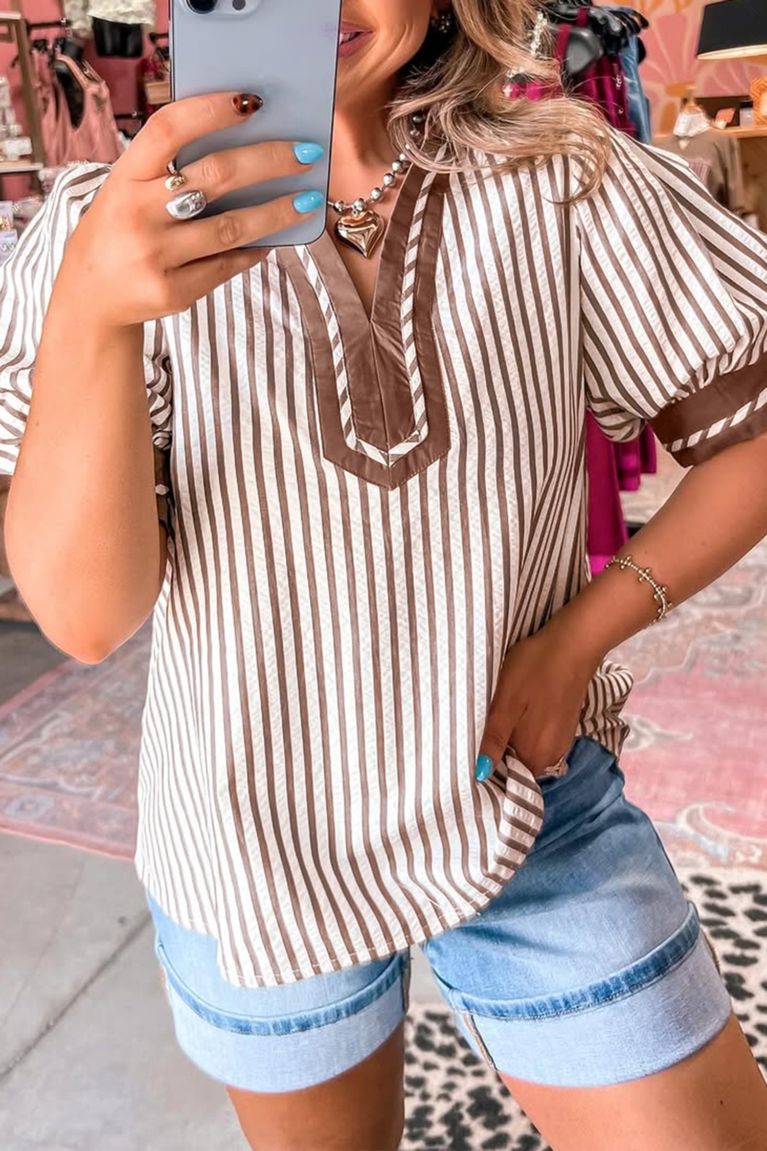 Black Stripe Collared Split Neck Short Bubble Sleeve Blouse