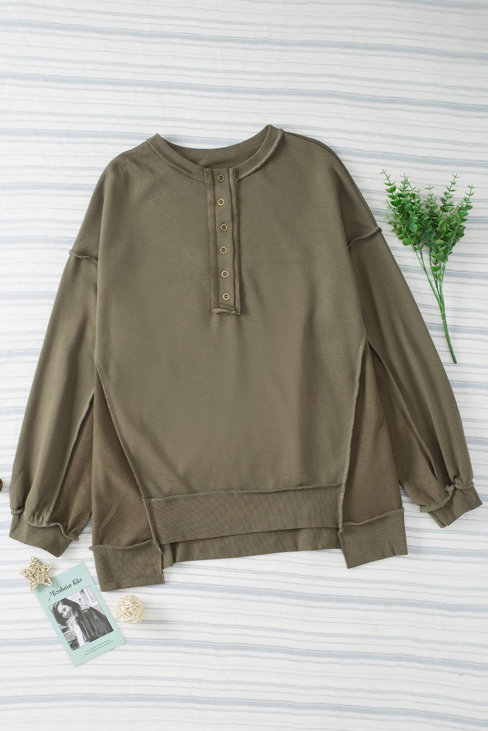 Green Oversized Exposed Seam Henley Sweatshirt
