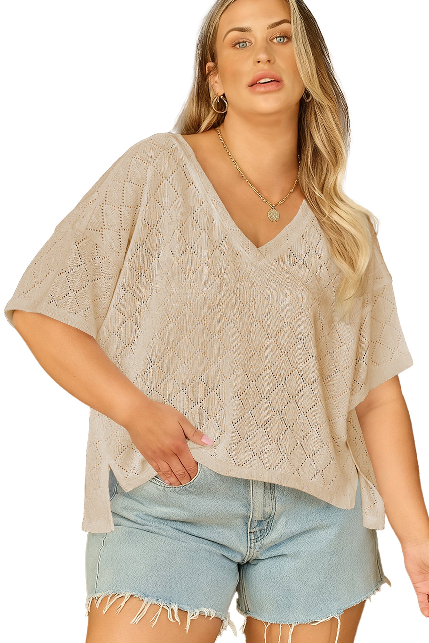 White Pointelle Rhombus Knit Plus Size V Neck Loose Top