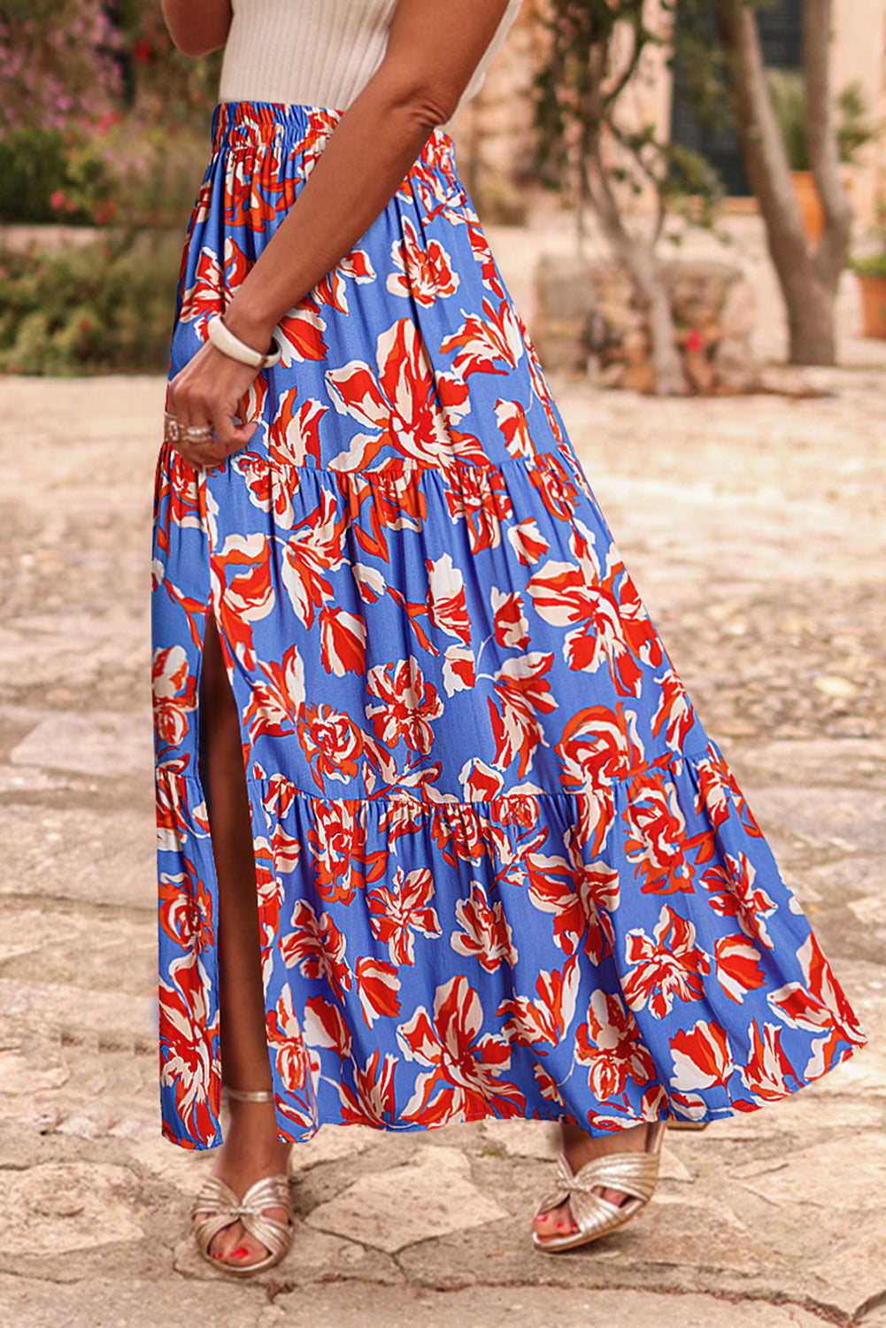 Orange Bohemian Floral Print Tiered Maxi Skirt with Split