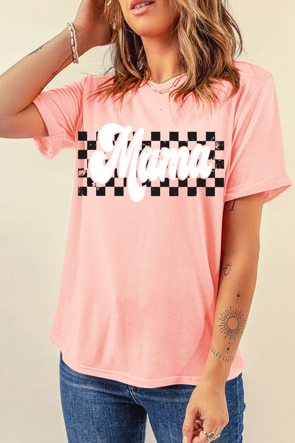 White MAMA Floral Block Graphic Casual T Shirt
