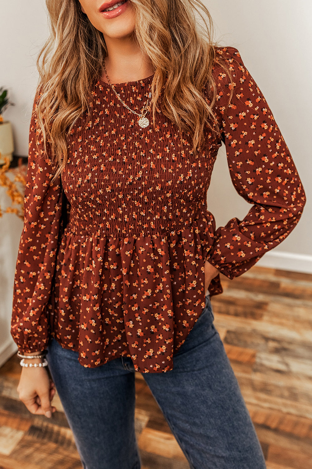 Black Boho Floral Smocked Bust Ruffled Peplum Blouse