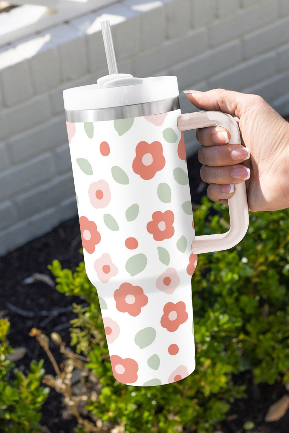 White Floral Leaves Print Stainless Large Portable Cup 40oz