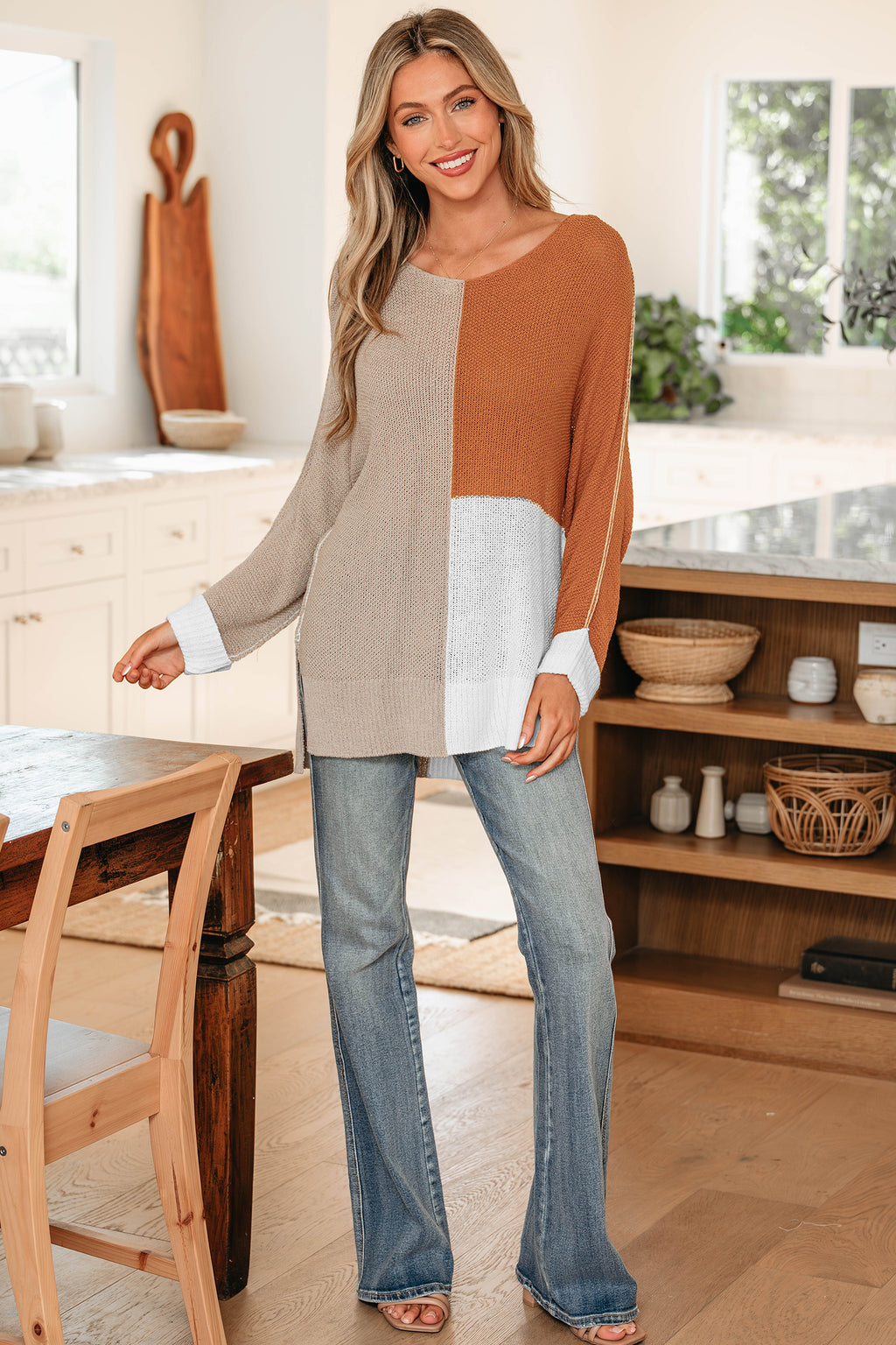 Black Color Block Knit V Neck Loose Sweater