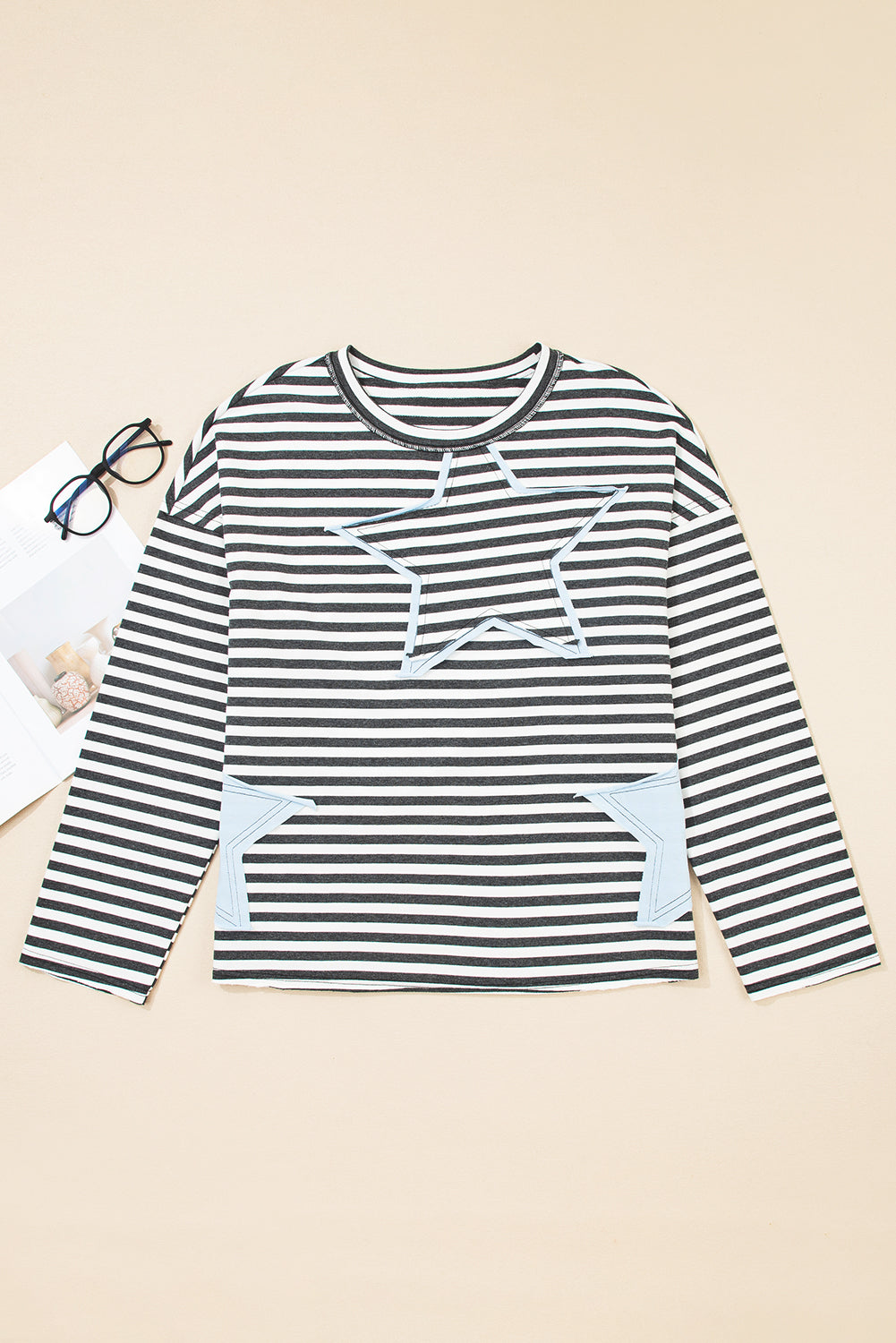 Gray Stripe Contrast Star Stitched Plus Size Long Sleeve Top