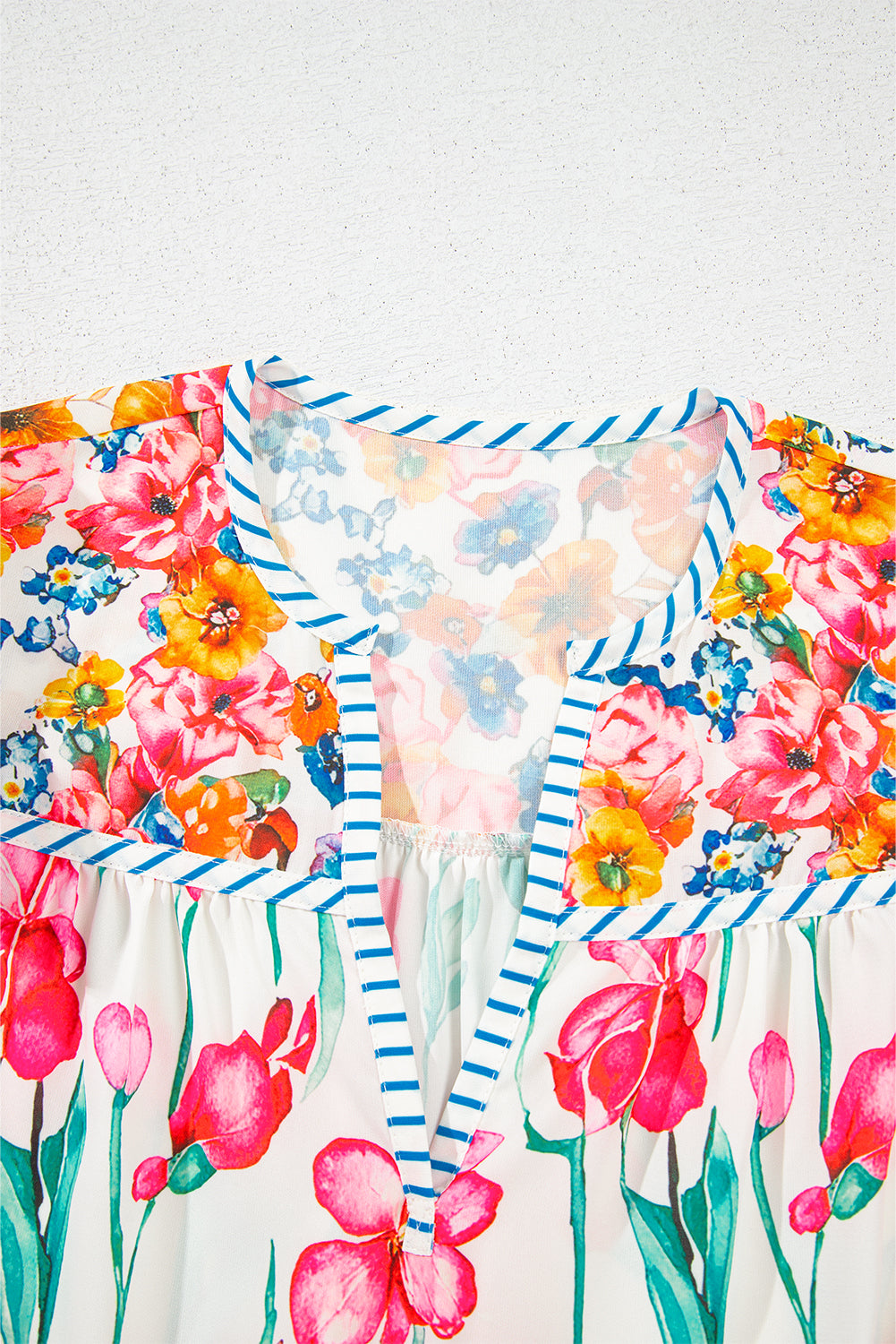 Pink Plus Size Floral Print Striped Trim V Neck Blouse