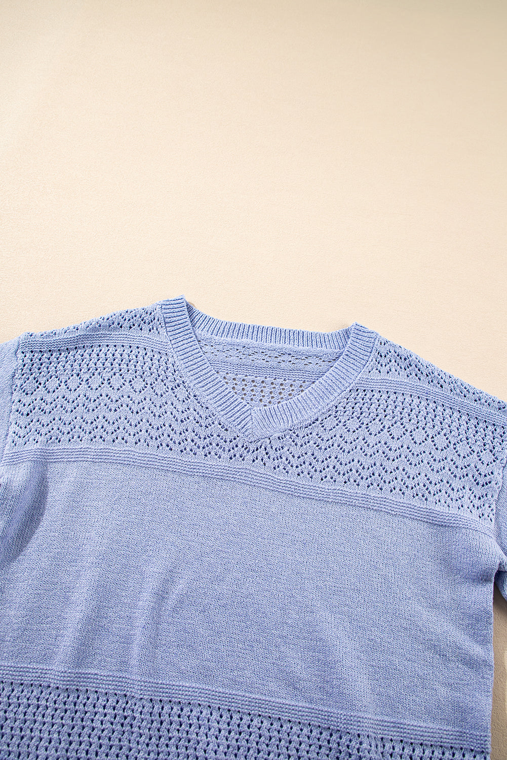 Sky Blue Eyelet Pattern Detail V Neck Drop Shoulder Sweater