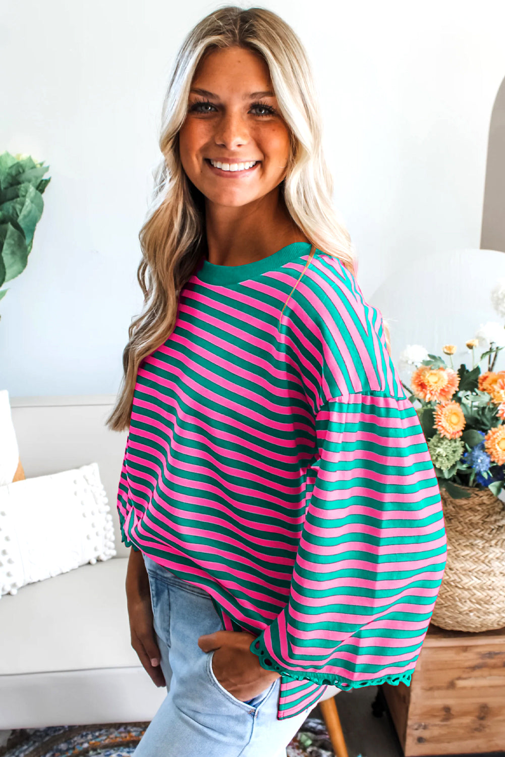Racing Red Striped Print Drop Shoulder Lace Trim Bracelet Sleeve Loose Top