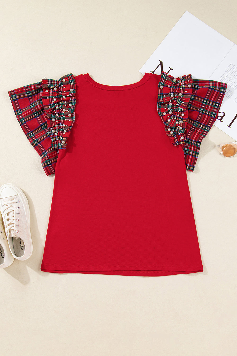 Red Festive Plaid Pearl Embellished Ruffle Short Sleeve Blouse