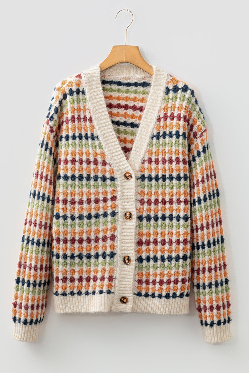 Gray Dotty Pattern Knit Button Front V Neck Sweater Cardigan