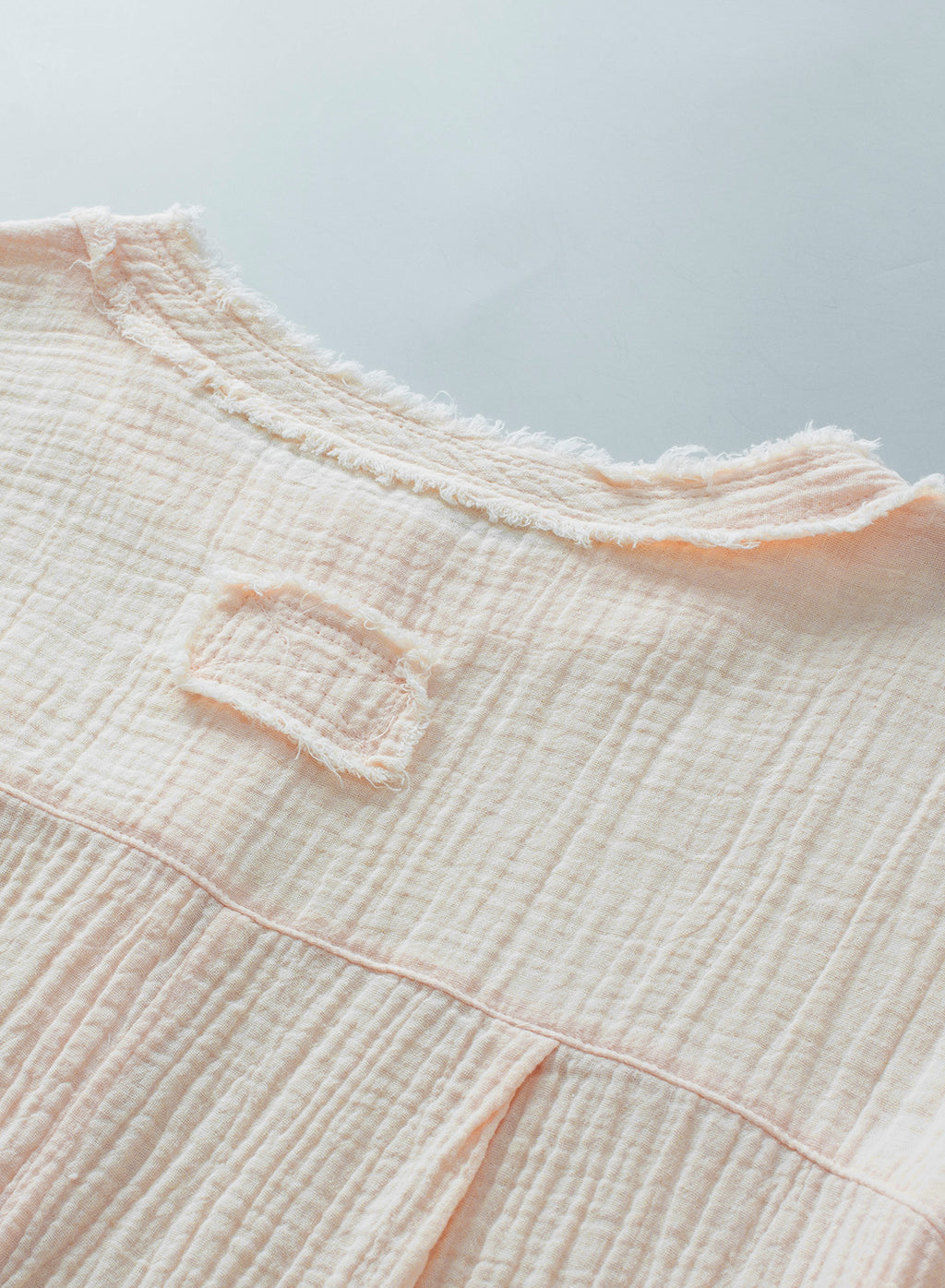 Parchment Crinkle Textured Frayed Trim Half Button Short Sleeve Top
