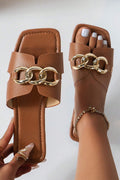 Chestnut Metal Chain Decor Square Toe Faux Leather Slippers