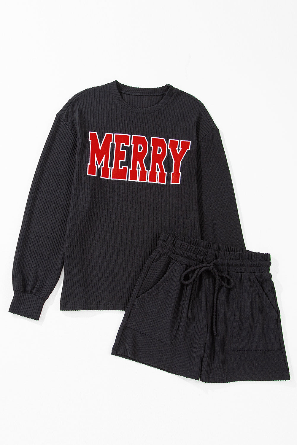 Black MERRY Corded Long Sleeve Top and Pockets Pants Set