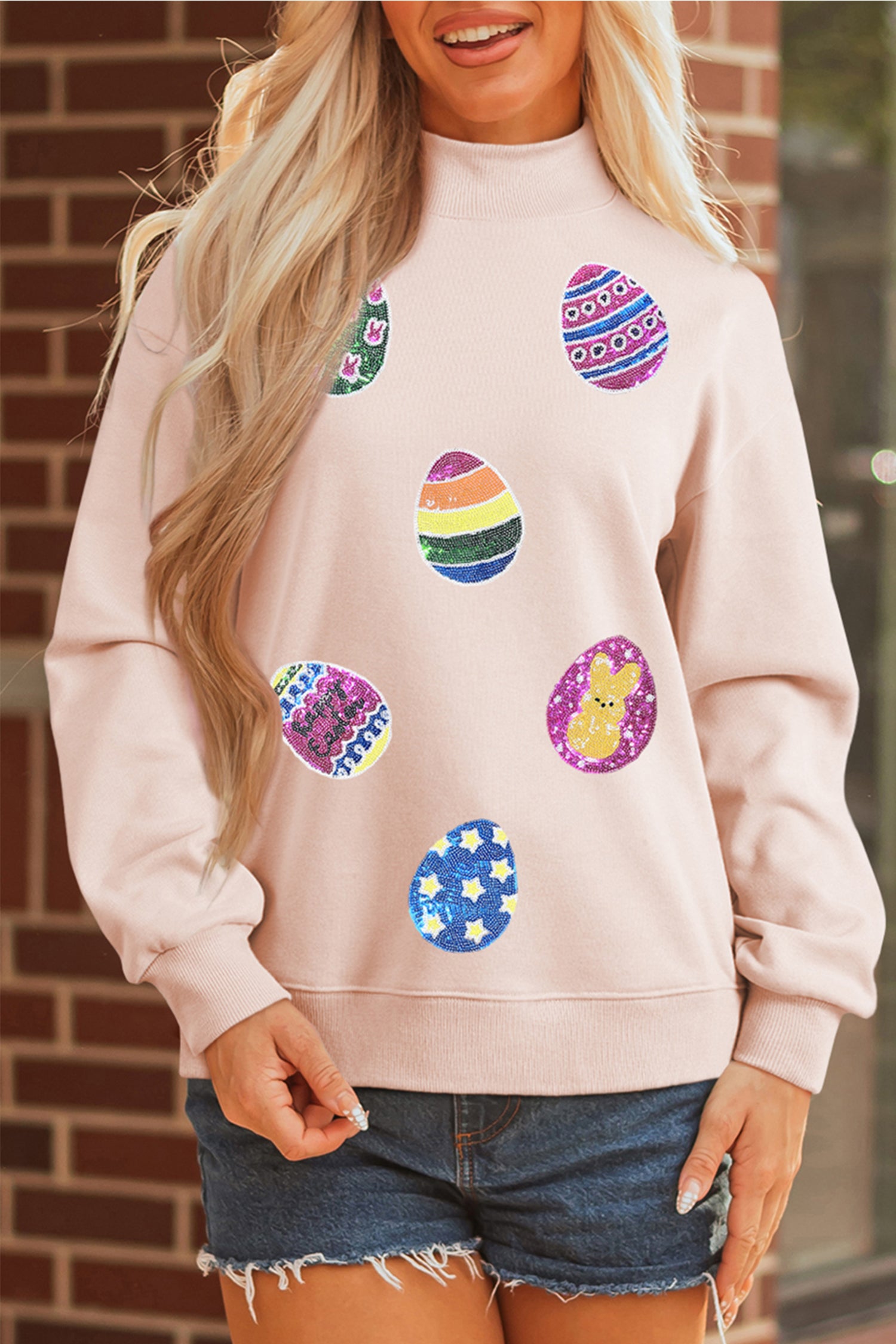 Apricot Pink Artistic Easter Eggs Sequin Patch Graphic Mock Neck Sweatshirt