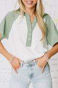 Clearly Aqua Colorblock Raglan Short Sleeve Half Buttons High Low T Shirt